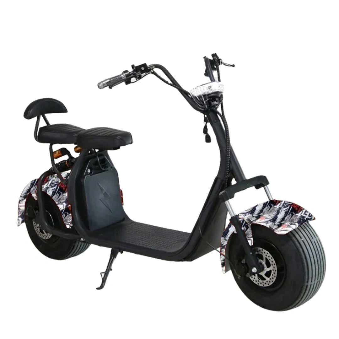 Black electric scooter with large wheels on a white background