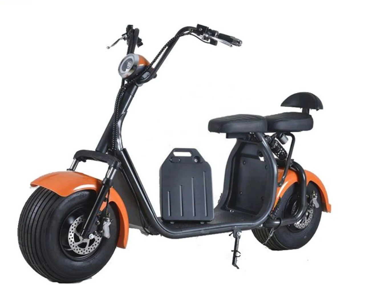 Black and orange electric scooter on a white background