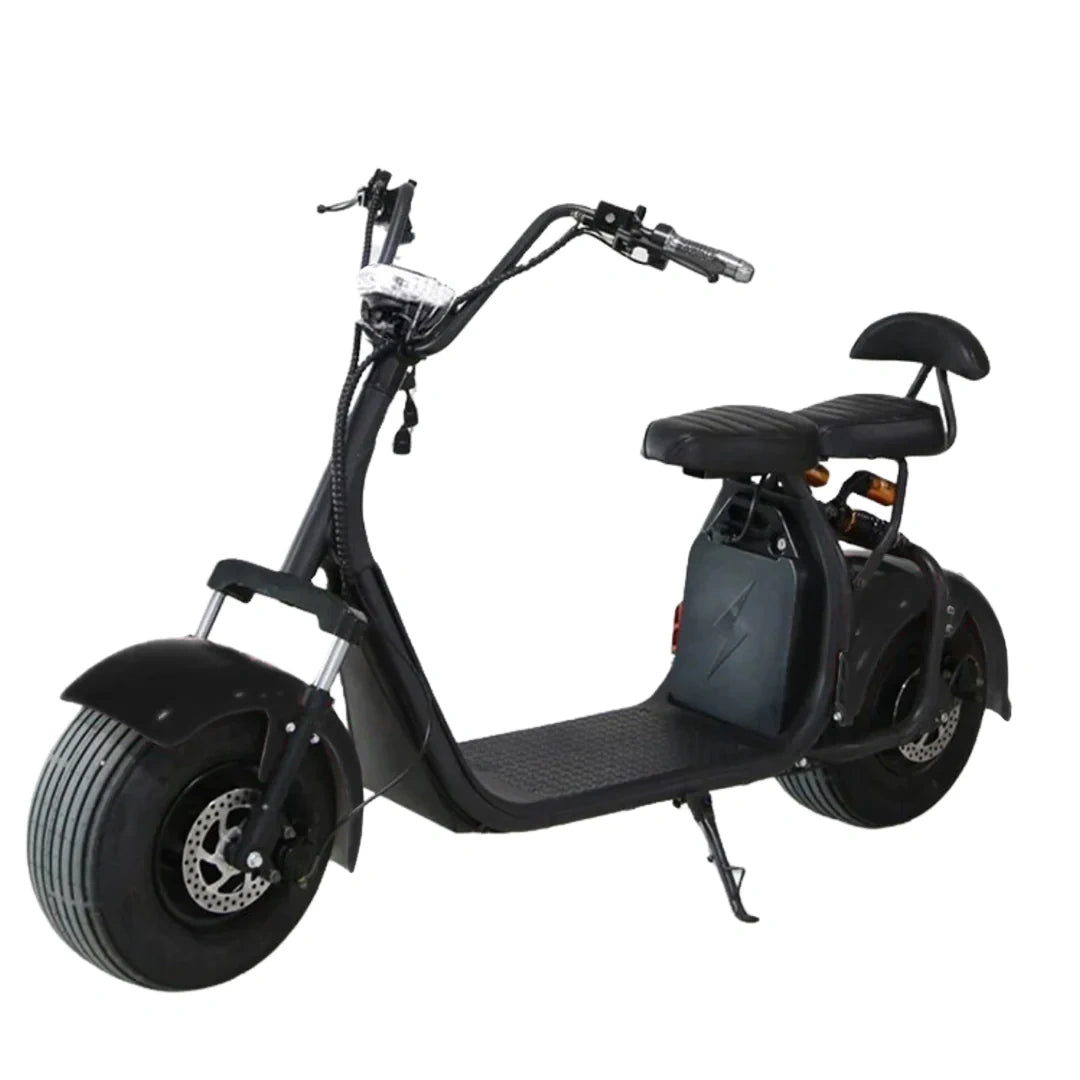 Black electric scooter with large wheels on a white background