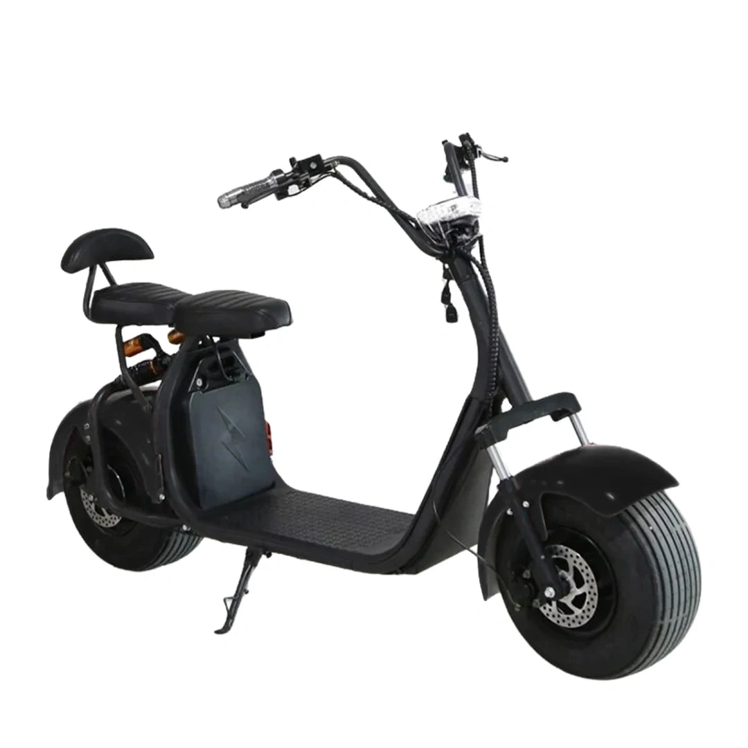 Black electric scooter with large wheels on a white background