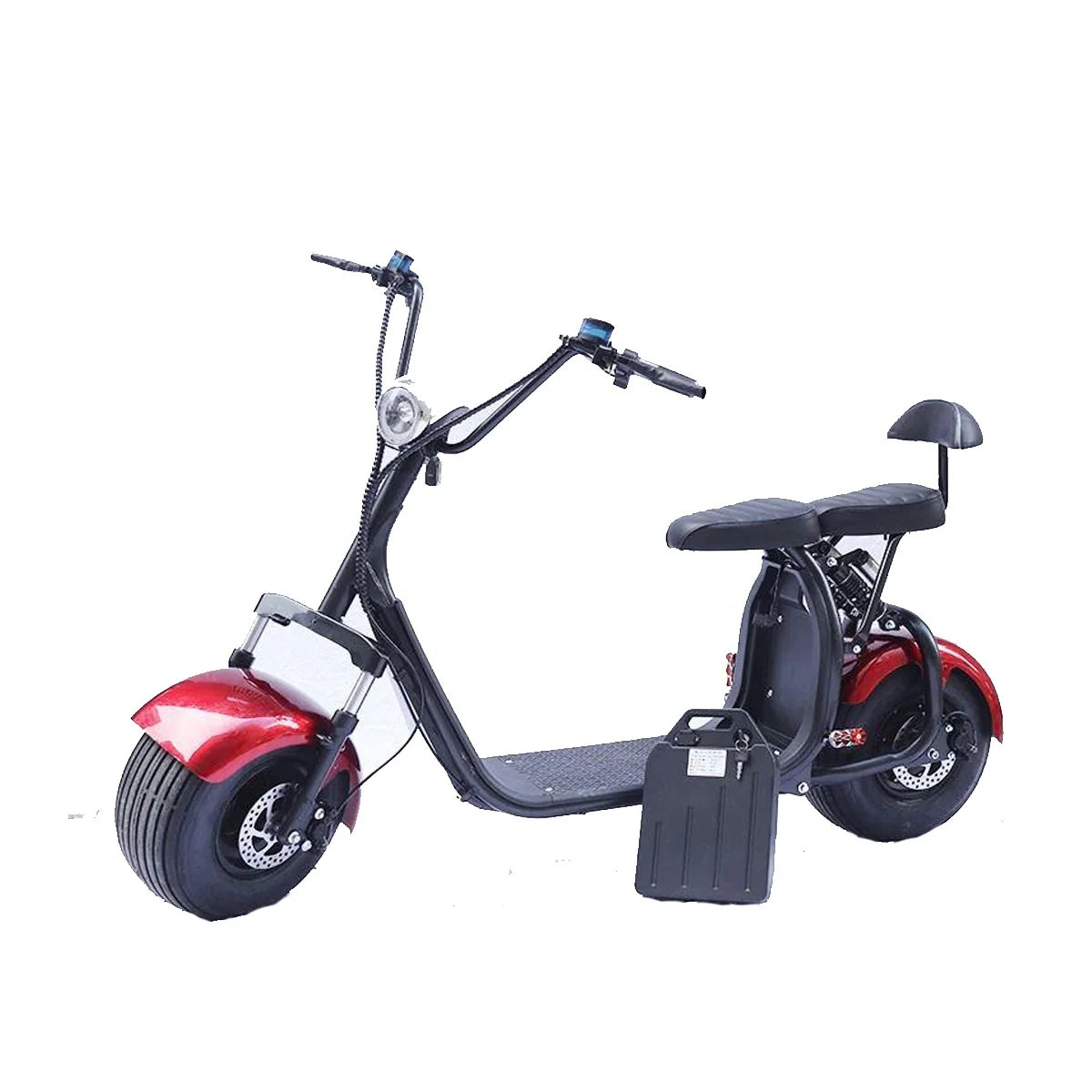 Red and black electric scooter on a white background