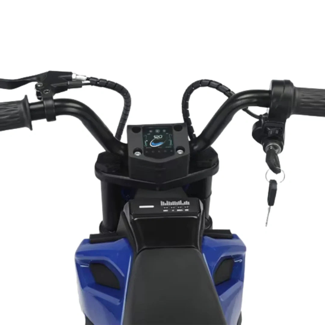 Close-up of a blue motorcycle with handlebars and control panel on a white background