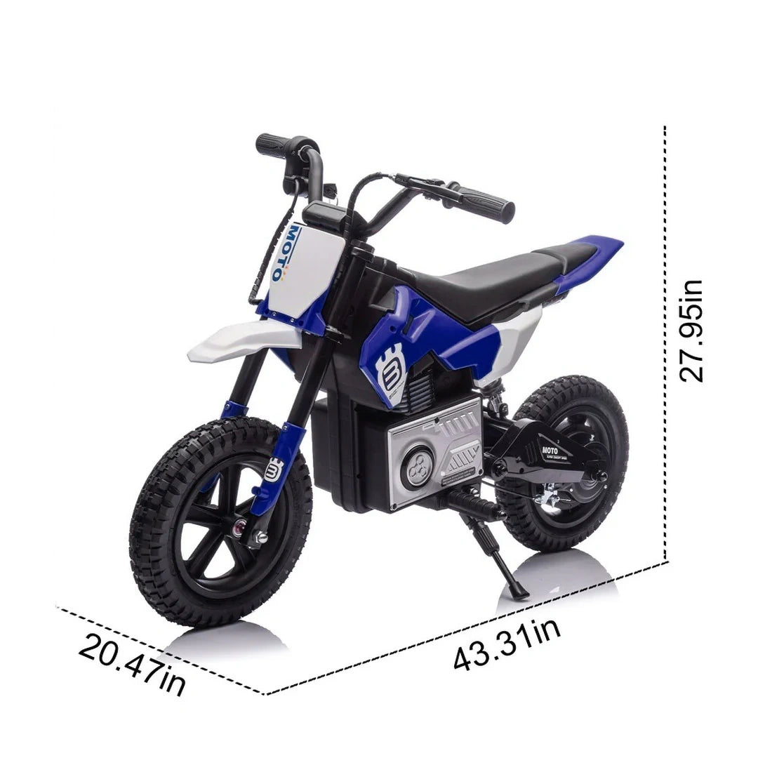 Children's toy dirt bike with measurements on a white background