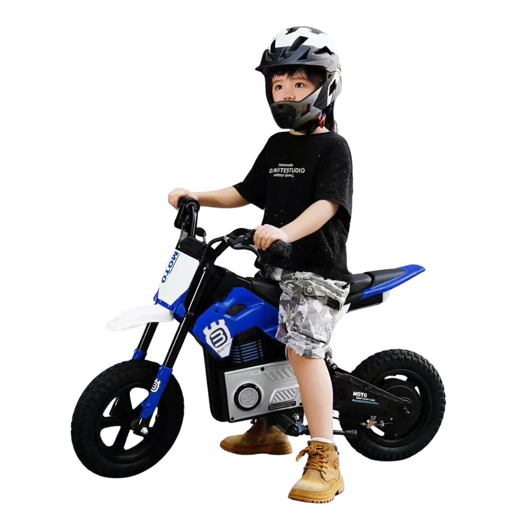 Child with a blue and black electric bike on a white background