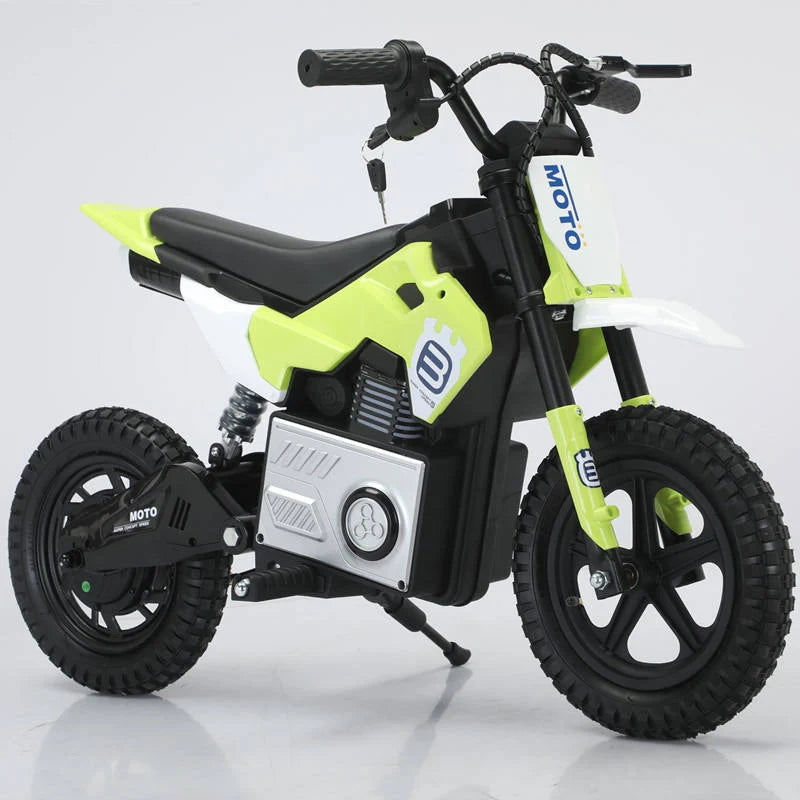 Children's electric bike with green and black design on a white background