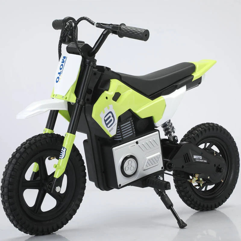 Children's electric bike with green and black design on a white background