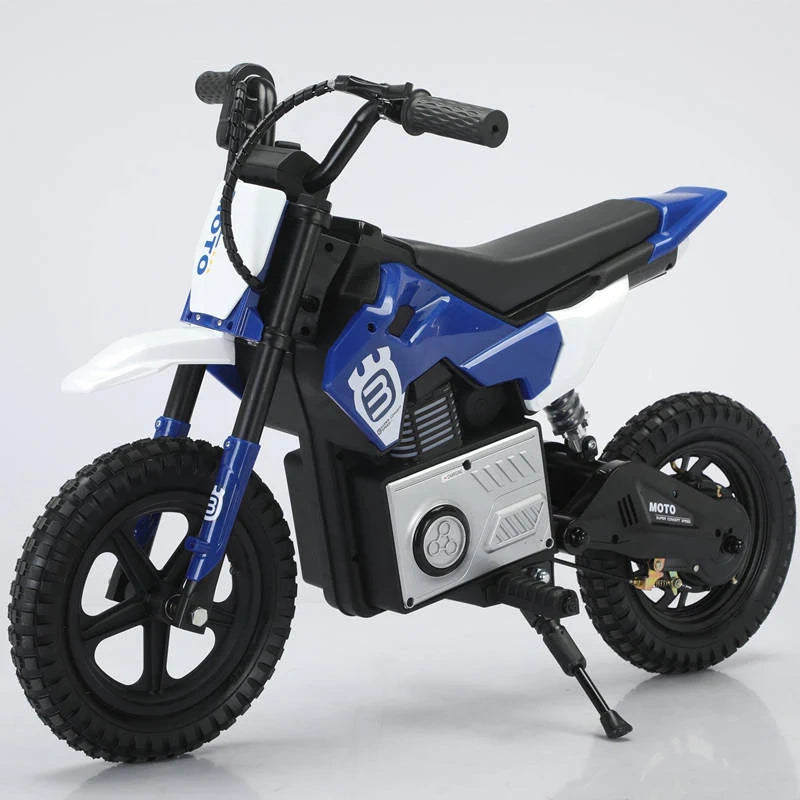 Blue and black toy dirt bike on a white background