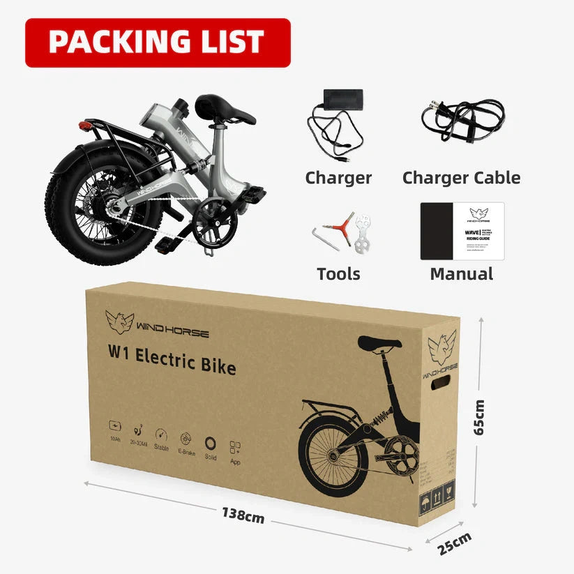 Packing list for W1 Electric Bike including bike, charger, cable, tools, and manual on a white background.