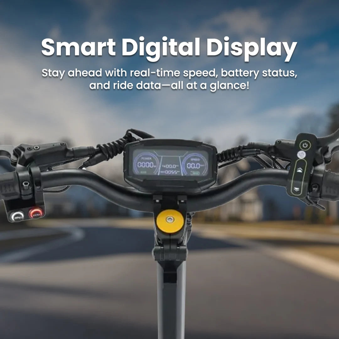 Smart digital display on a bicycle handlebar with a blurred road background