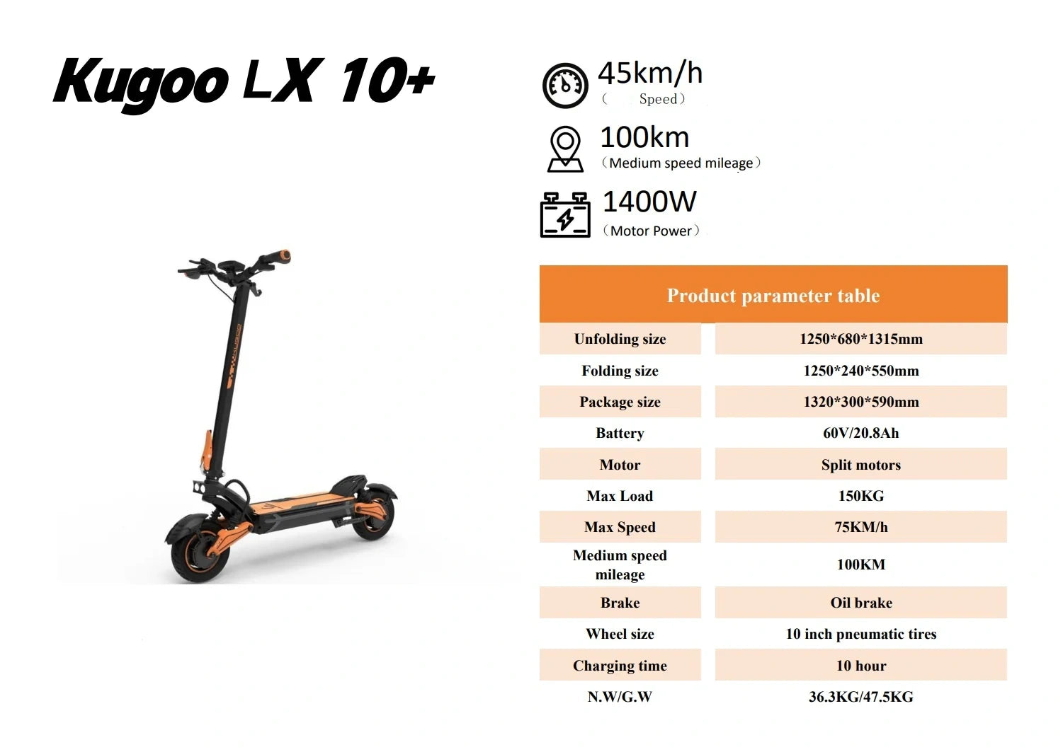 Kugoo LX 10+ electric scooter with specifications on a white background