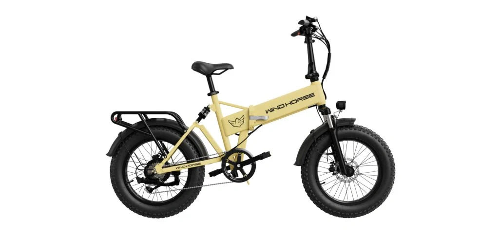 Yellow electric bike with black wheels on a white background