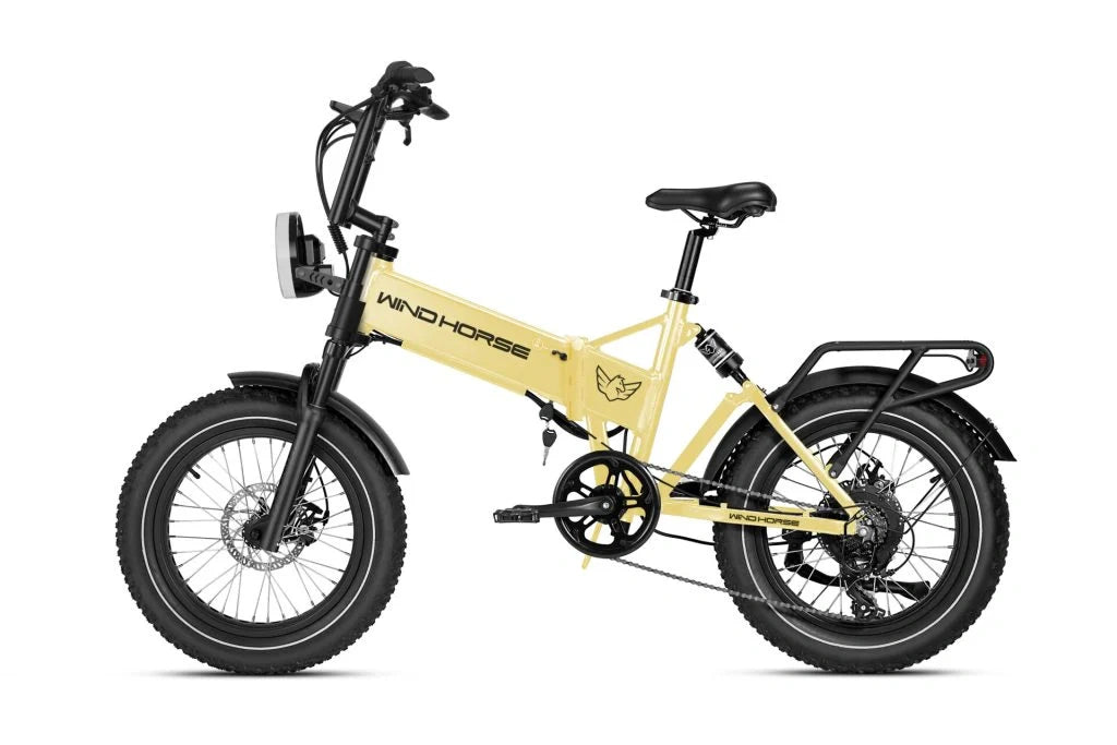 Yellow electric bike with 'Wind Horse' branding on a white background