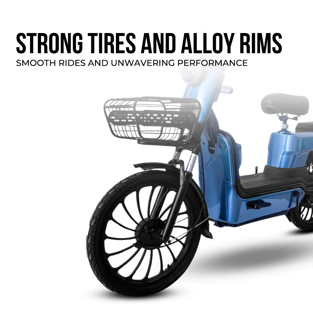 Blue electric tricycle with strong tires and alloy rims on a white background