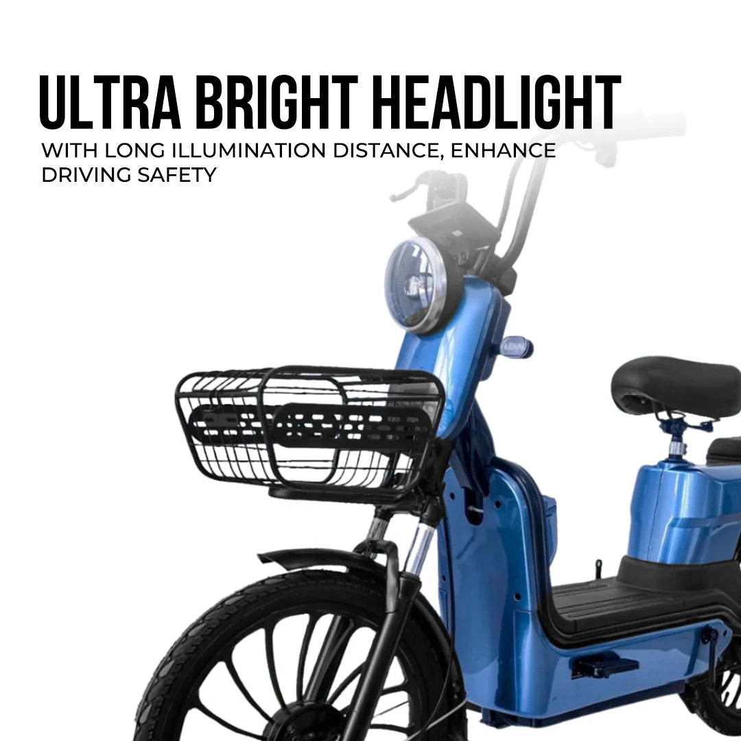 Blue electric scooter with ultra bright headlight feature on a white background
