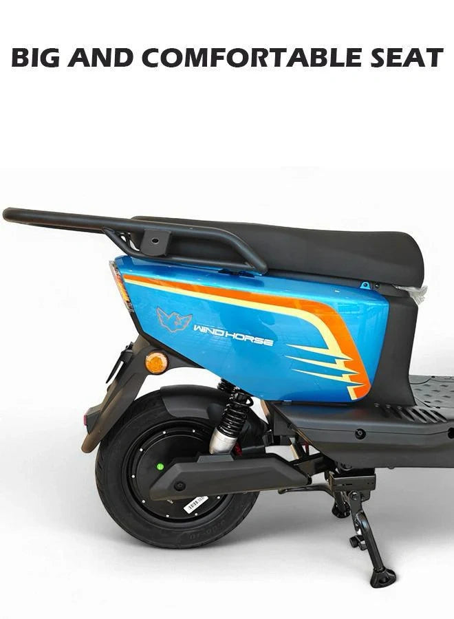 Blue electric scooter with a big and comfortable seat on a white background