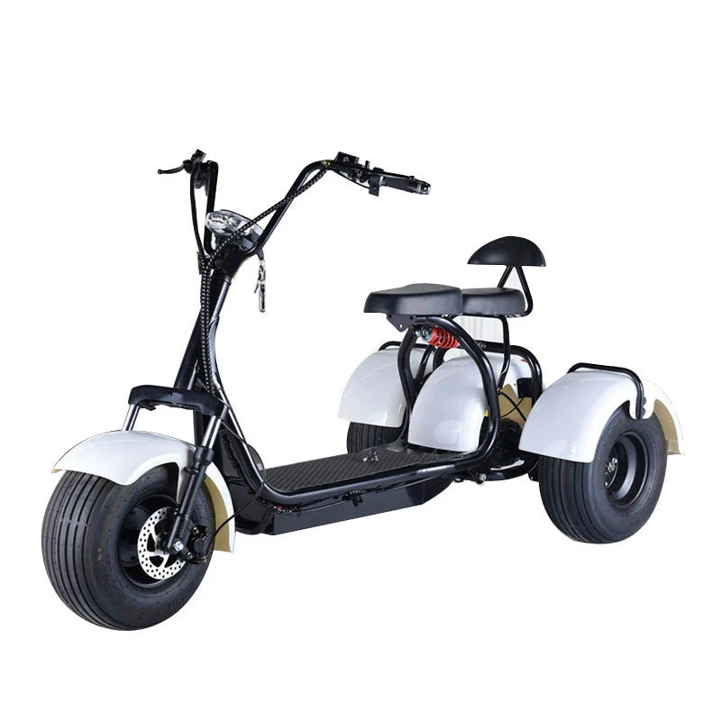 Three-wheeled electric scooter with large tires on a white background
