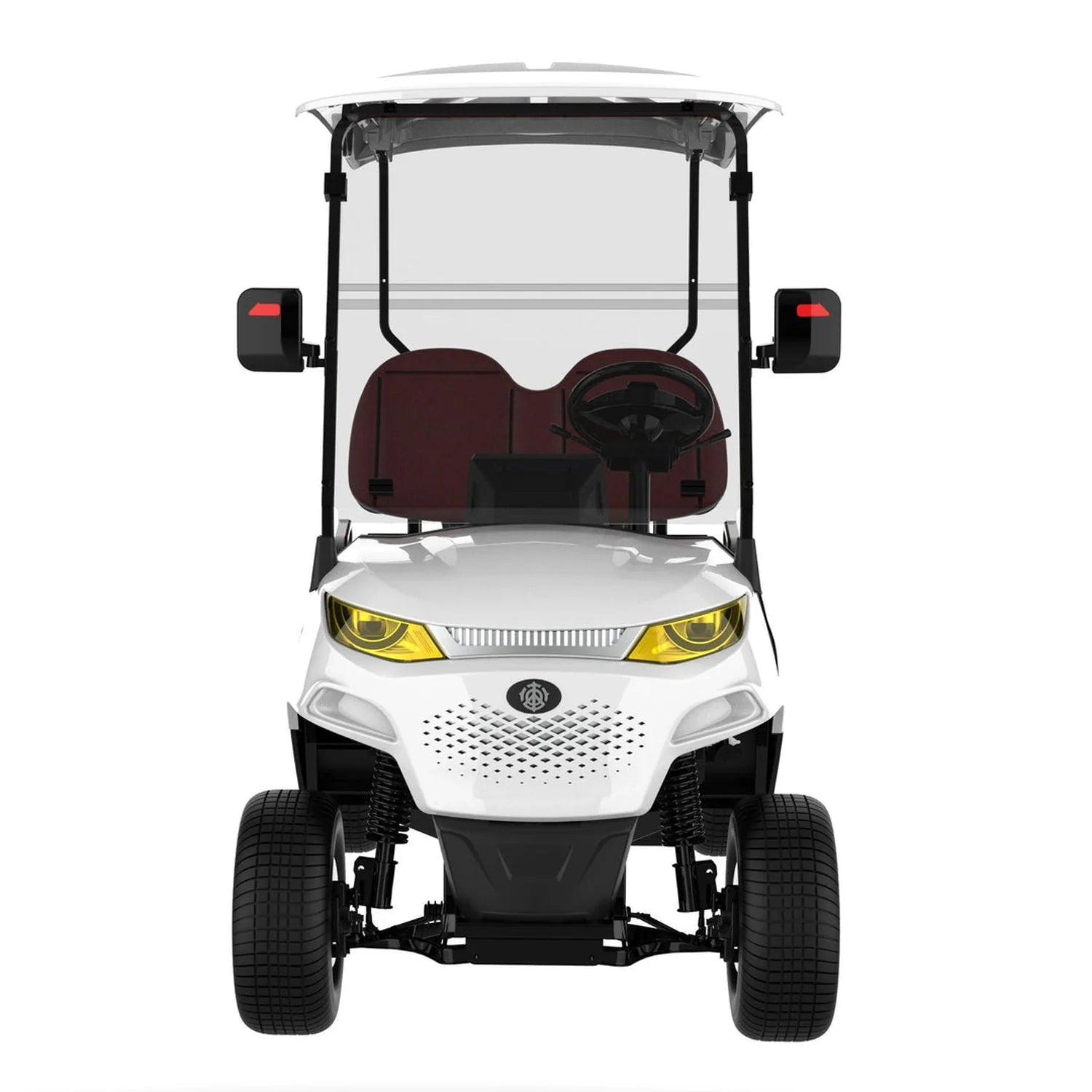 ocean cartz head-on studio shot of a white four-seater golf cart with a white roof, set against a pure white background. This electric vehicle features a modern front design with a perforated black grille and distinctive yellow headlights. The cart has a clear windshield, side mirrors with red accents, and dark red seats, highlighting its contemporary luxury golf cart styling.