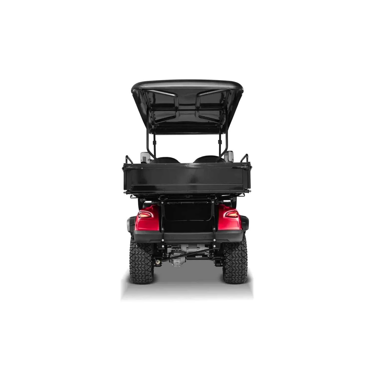 ocean cartz rear studio shot of a red two-seater utility golf cart with a black roof, set against a pure white background. The image prominently features a large, black rear cargo box or storage container mounted above the taillights. This lifted off-road electric vehicle is equipped with aggressive, knobby all-terrain tires, highlighting its use as a heavy-duty work cart or utility golf cart.