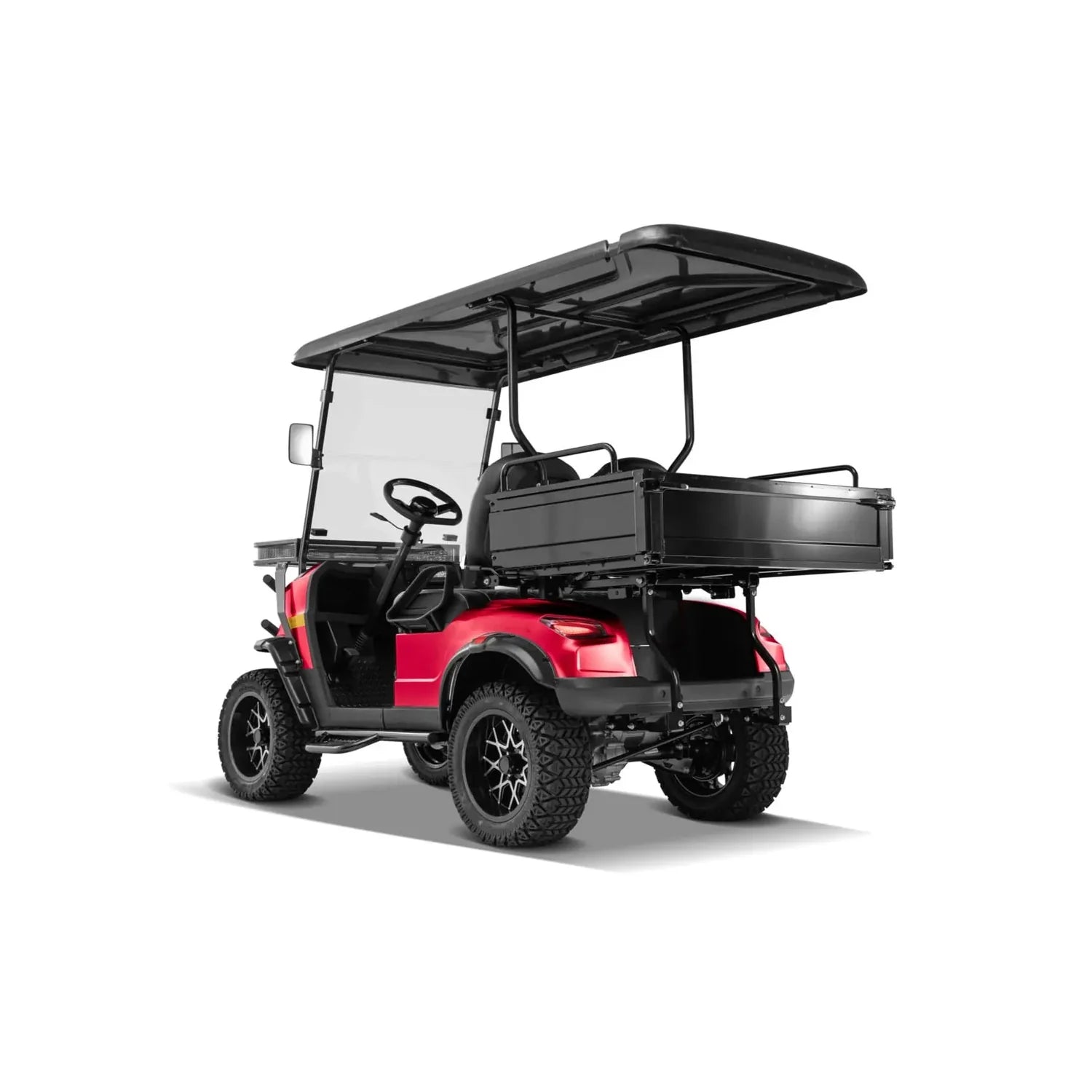 ocean cartz rear three-quarter studio shot of a red utility golf cart with a black roof, set against a pure white background. This lifted off-road electric vehicle features a black rear cargo box that appears to be a dump or tilting bed. The two-seater work cart is equipped with aggressive, knobby all-terrain tires on custom black and silver wheels, highlighting its heavy-duty utility cart design.