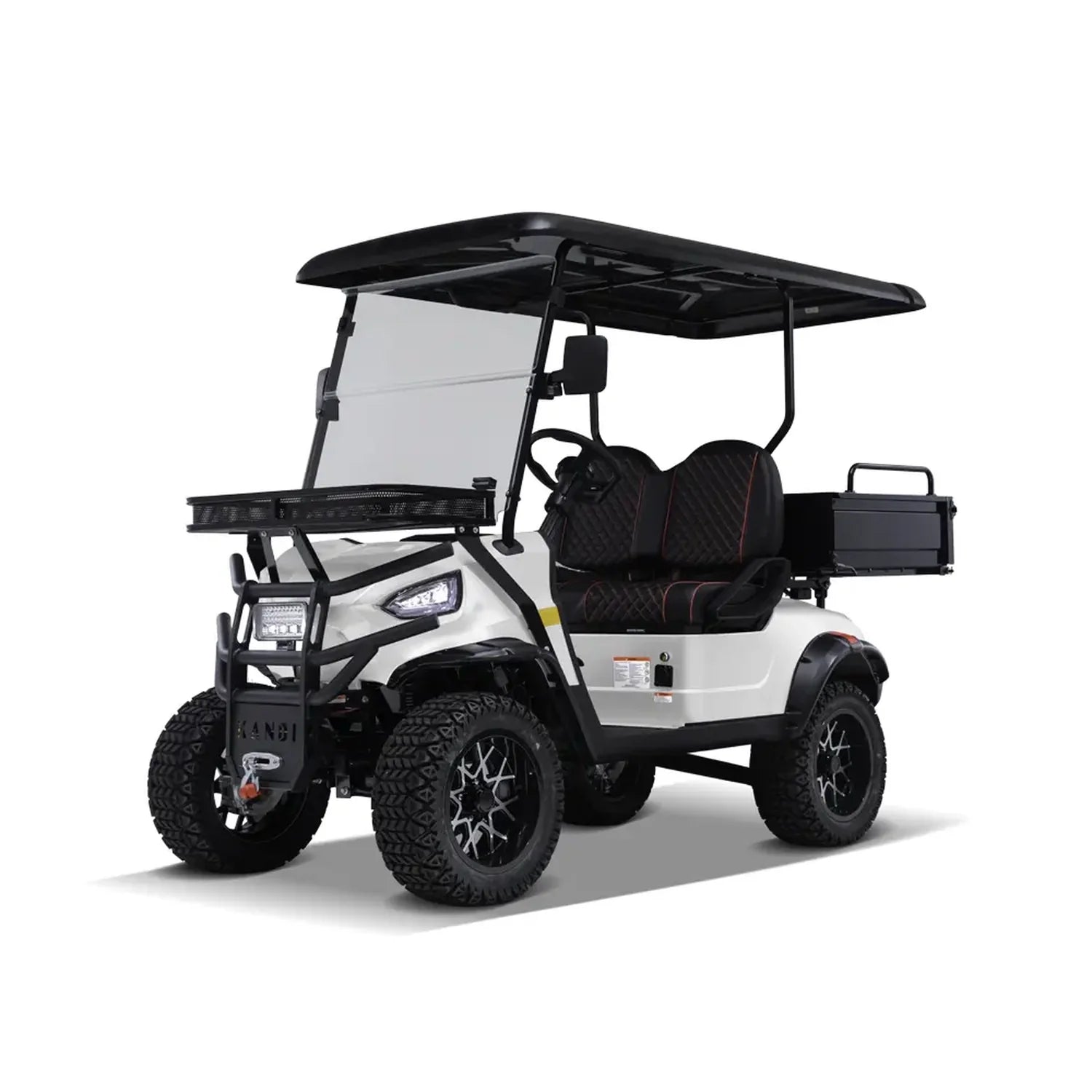 ocean cartz three-quarter front studio shot of a white two-seater lifted golf cart with a black roof, set against a pure white background. This off-road electric vehicle features black seats with red diamond stitching, a front cargo basket, a brush guard, and a small rear cargo box. The cart is equipped with aggressive, knobby all-terrain tires on custom black and silver wheels, emphasizing its rugged utility golf cart design.