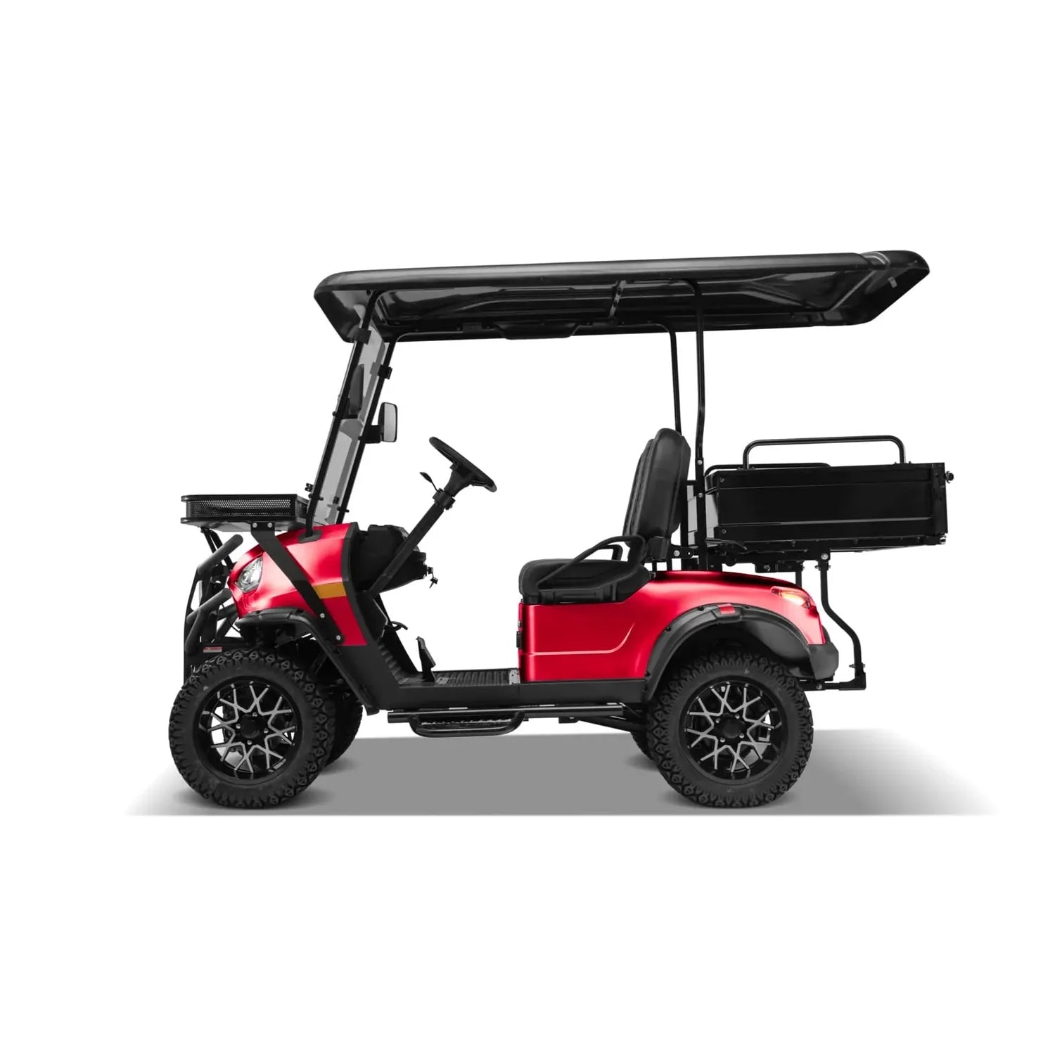 ocean cartz side profile studio shot of a red two-seater golf cart with a black roof and a large, black rear cargo box, set against a pure white background. This lifted off-road electric vehicle features black seats, a front cargo basket, and a black brush guard. The utility golf cart is equipped with knobby all-terrain tires on custom black alloy wheels with silver accents.