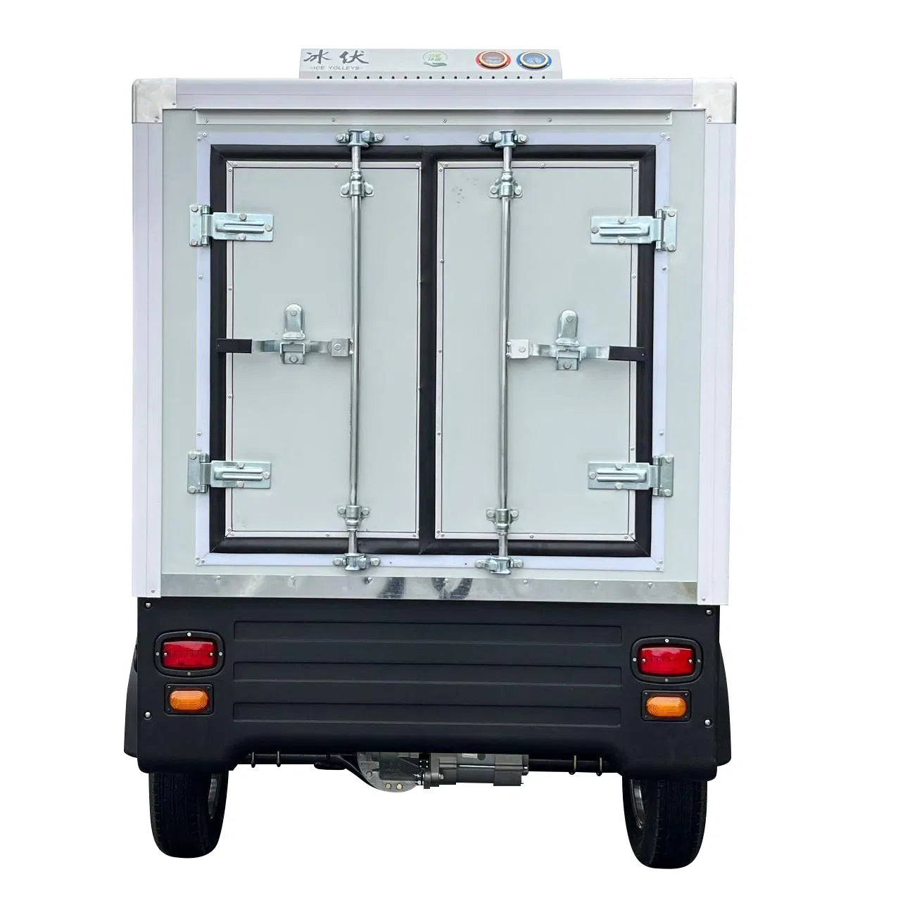 ocean cartz rear view studio shot of a white electric refrigerated delivery vehicle, set against a pure white background. The image prominently features the securely latched double rear doors of the insulated cargo box, with silver metal hardware and a black bumper below. The compact electric NEV or refrigerator work cart displays red and amber taillights, highlighting its function for cold chain last-mile delivery.