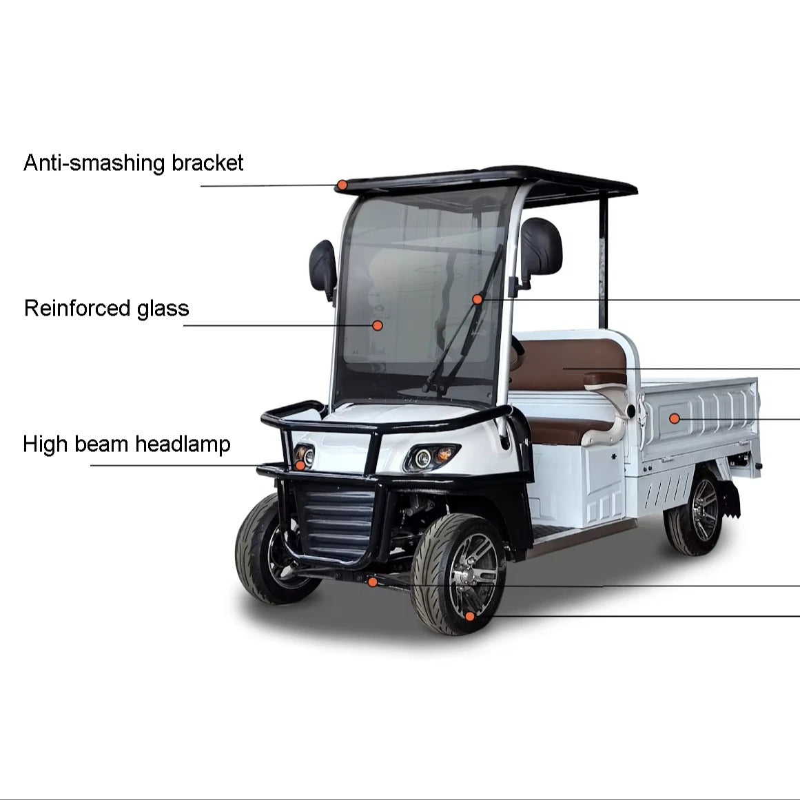 ocean cartz product diagram of a white two-seater utility electric vehicle with a flatbed, showing labeled key features against a white background. Labels point to the anti-smashing bracket on the roof, the reinforced glass windshield, and the high beam headlamp at the front, highlighting the safety and robust components of this electric work cart or utility golf cart.