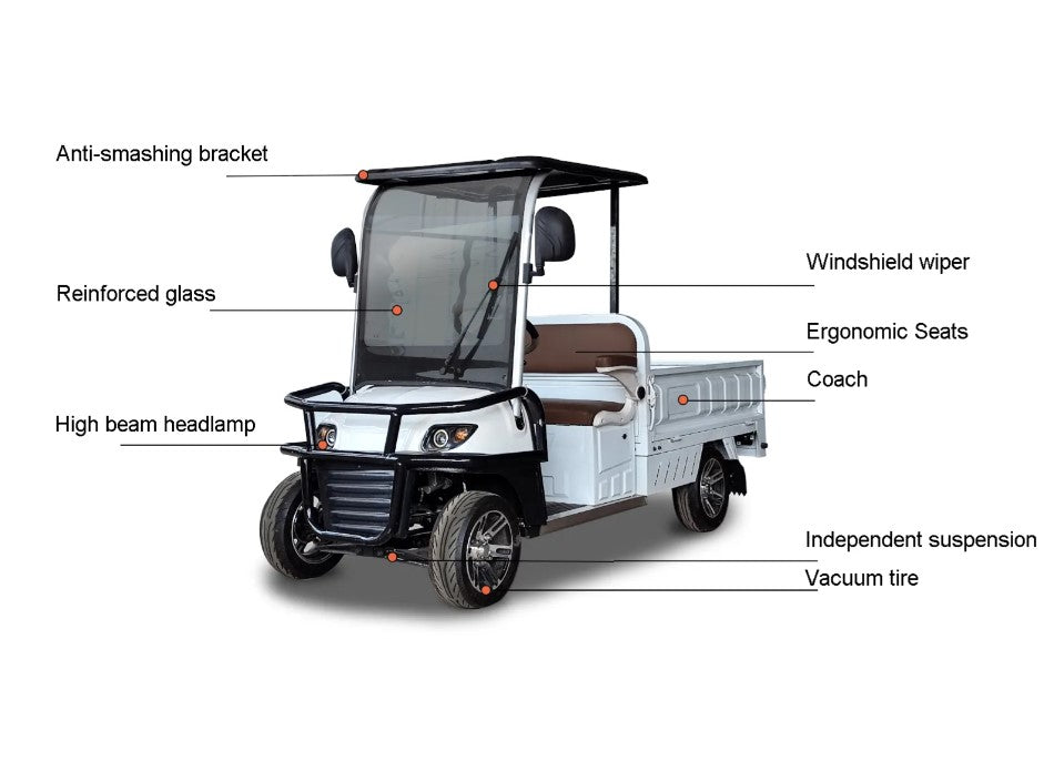 ocean cartz diagram of a white two-seater utility electric vehicle with a flatbed, showing labeled key product features on a white background. Labels point to the anti-smashing bracket, reinforced glass windshield, windshield wiper, high beam headlamp, ergonomic seats, independent suspension, and vacuum tires, highlighting the robust design of the electric work cart.