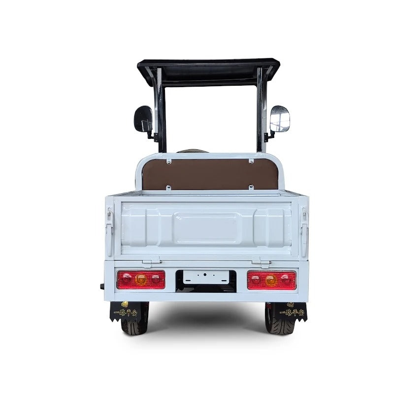 ocean cartz rear studio shot of a white utility electric vehicle with a flatbed, set against a pure white background. The image clearly shows the back of the work cart's cargo area, the large red and orange taillights, and the license plate mounting area. The black roof and the top of the brown seat backrest are visible, showcasing the vehicle's compact, two-seater utility design.