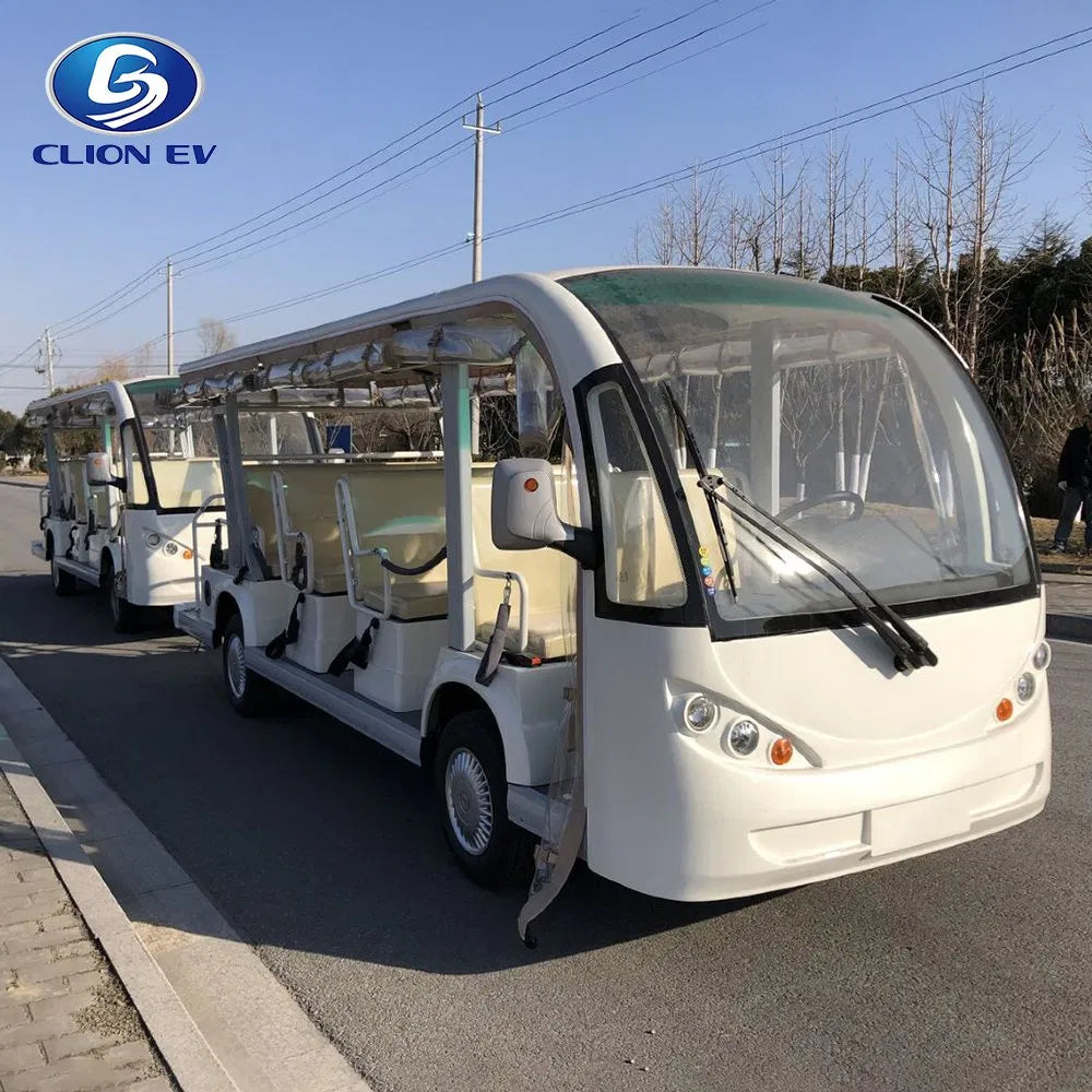 Electric tour buses on a road with CLION EV logo.