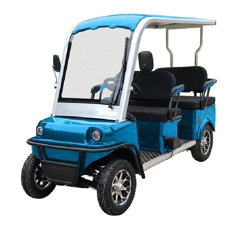 Blue golf cart with a white roof on a white background