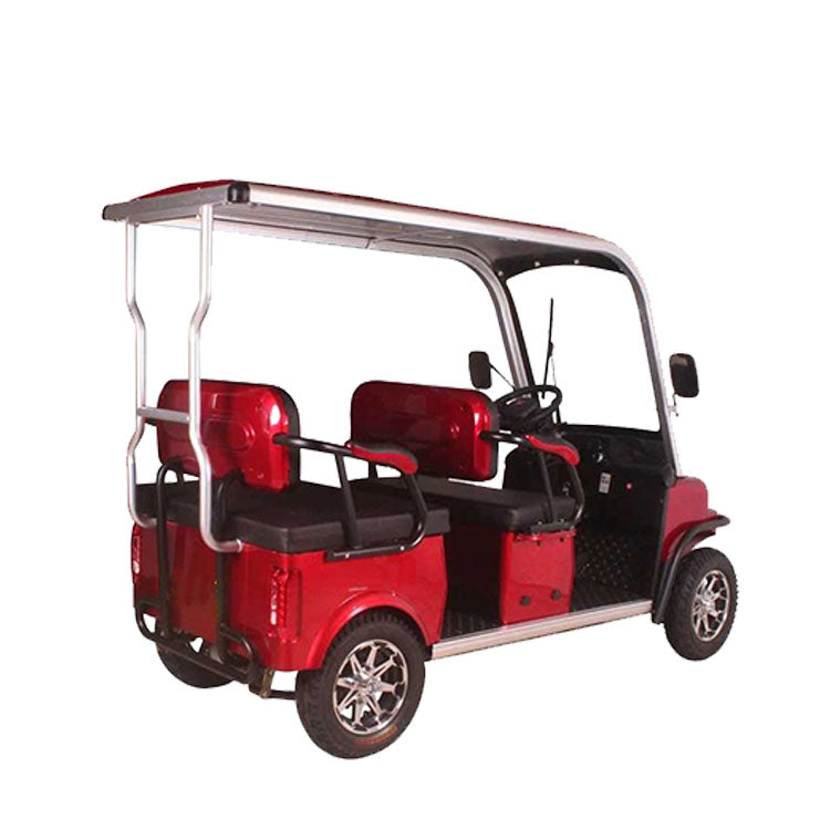 Red electric vehicle with four seats on a white background