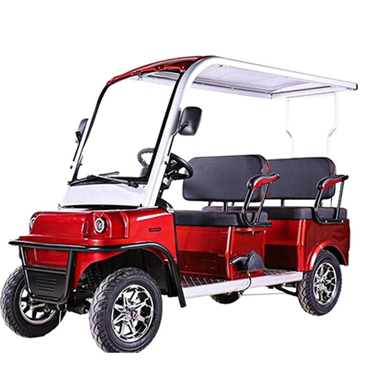 Red golf cart with a clear canopy on a white background