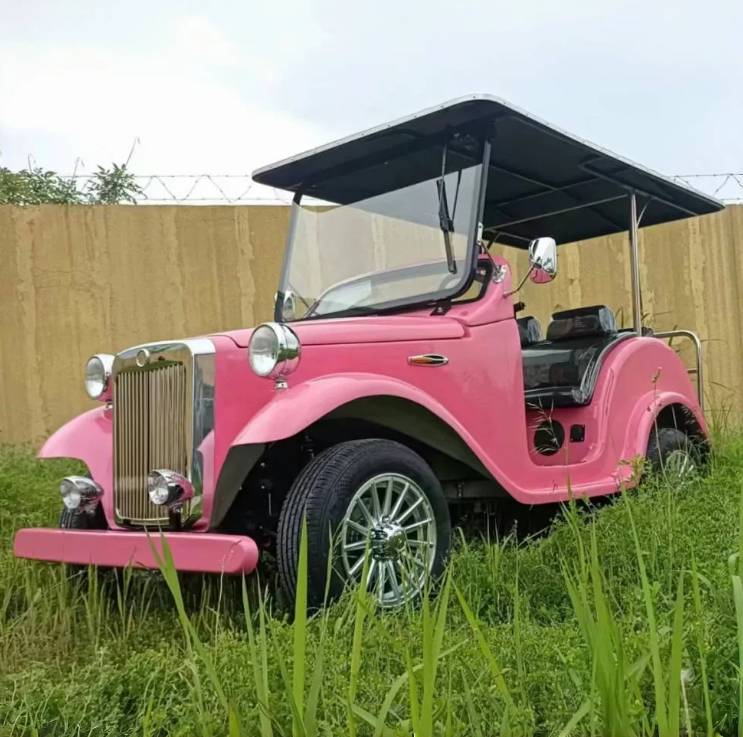 ocean cartz three-quarter front view of a bright pink classic antique-style golf cart with a black roof, parked in tall green grass. This four-passenger vintage electric vehicle features a large chrome grille, round headlights, a wide windshield, and black seats. The classic golf cart is equipped with multi-spoke silver wheels, set against a tan wall and chain-link fence in the background.
