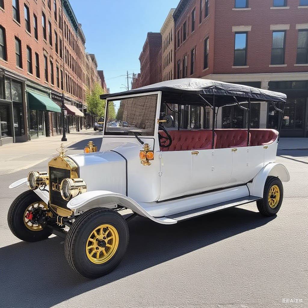 Vintage white car with gold accents on a city street