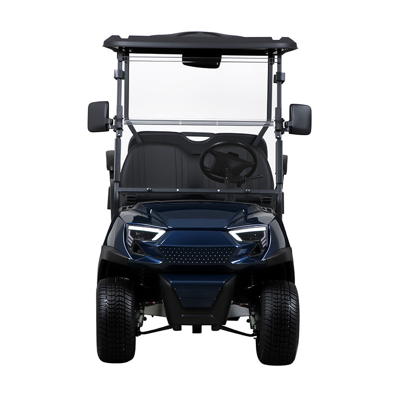ocean cartz head-on studio shot of a deep blue four-seater golf cart with a black roof and a modern front design, set against a pure white background. This electric vehicle features black seats, a folding windshield, side mirrors, and distinctive white LED headlights. The image highlights the aggressive, automotive styling of the luxury golf cart or NEV.