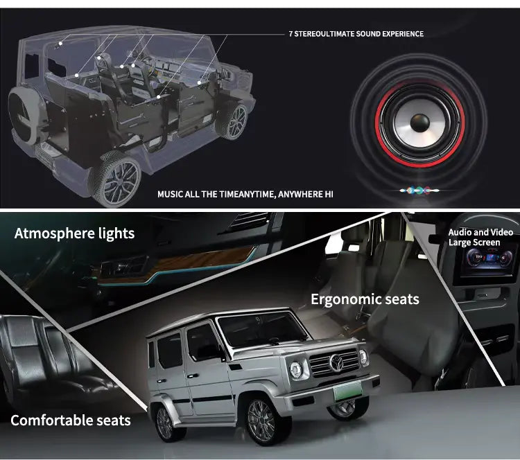 Car interior features with audio system, atmosphere lights, ergonomic seats, and comfortable seats.