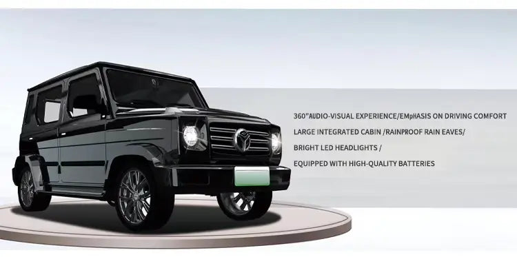 Black SUV on a white platform with text about vehicle features
