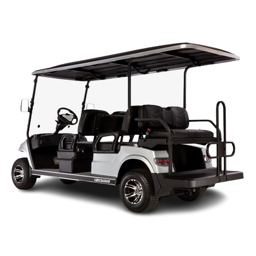 White golf cart with black seats and canopy on a white background