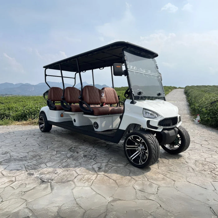 White golf cart with brown seats on a stone path with a scenic background