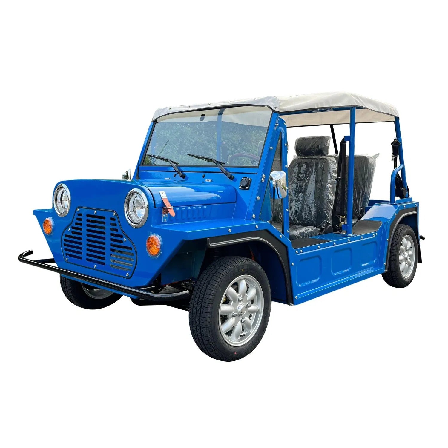 Blue golf cart with a canopy on a white background