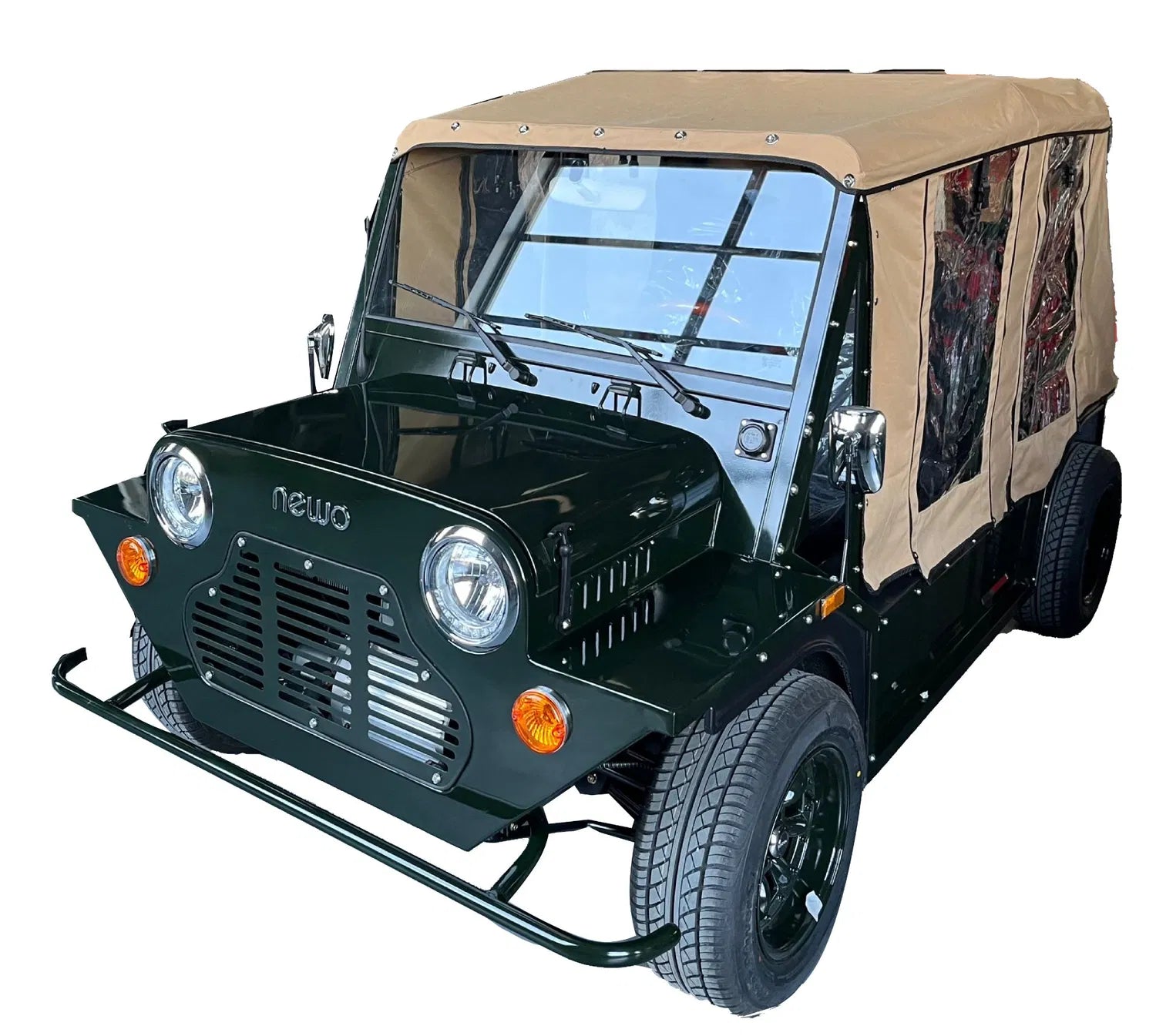 Green off-road vehicle with beige cover on a white background