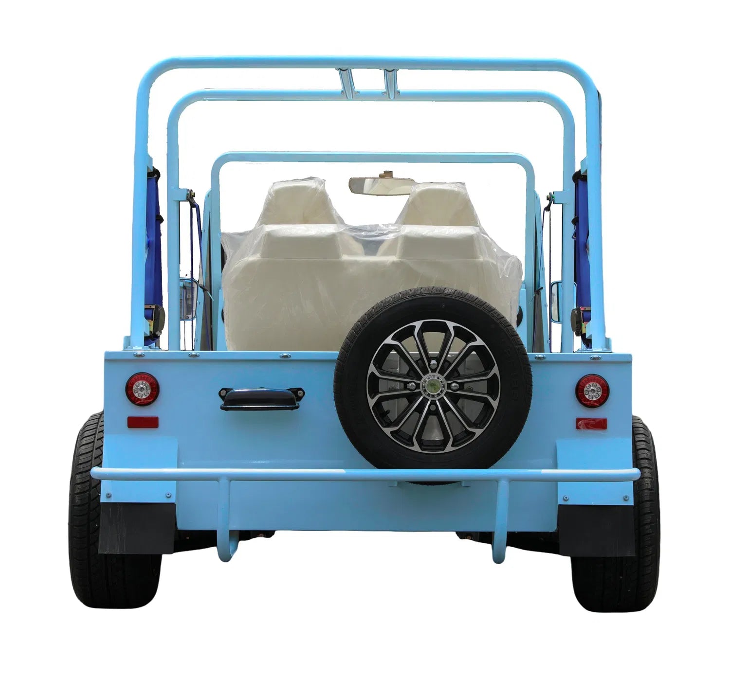 Blue vehicle trailer with a white vehicle inside on a white background