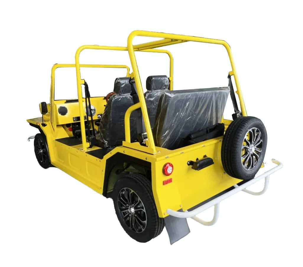 Yellow off-road vehicle with black seats on a white background