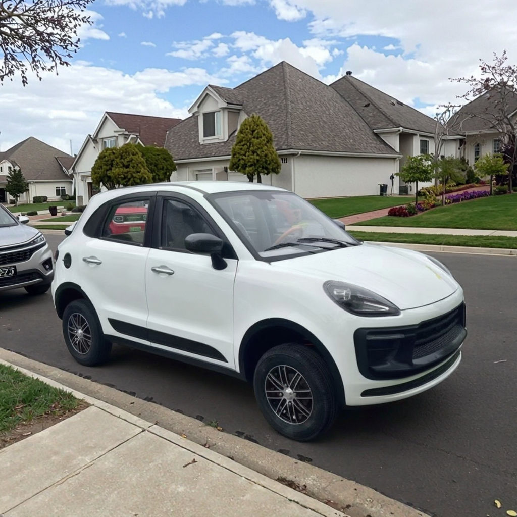 White SUV parked on a residential street with houses and trees in the background