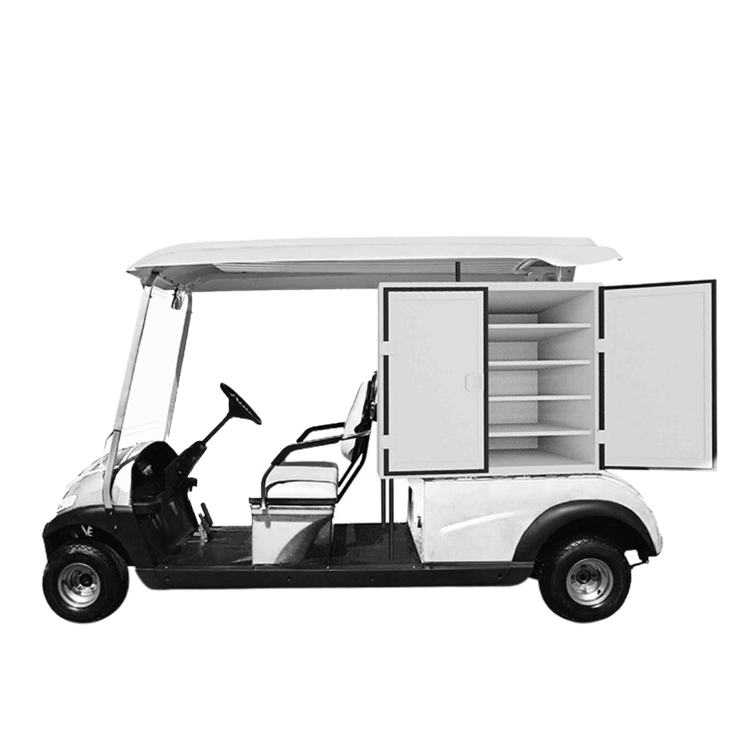 ocean cartz side profile studio shot of a white and black two-seater utility golf cart with a white roof, presented in black and white against a pure white background. This specialized electric work cart features a unique rear compartment with double storage cabinets open to reveal multiple internal shelving units, highlighting its use as a maintenance or service vehicle for resort or industrial properties.