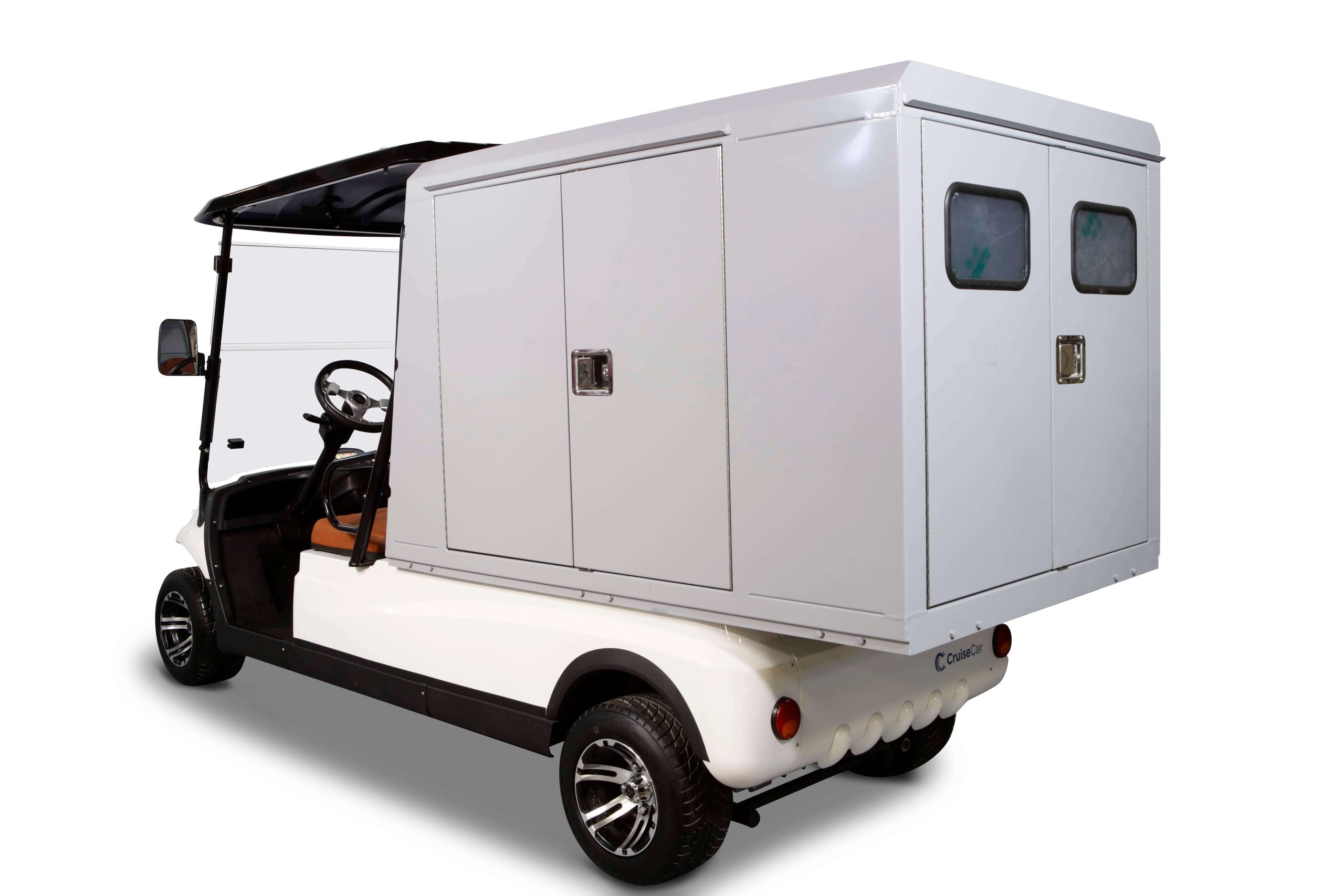 ocean cartz rear three-quarter studio shot of a white two-seater utility golf cart with a black roof, set against a pure white background. This specialized electric work cart features a very large, enclosed grey rear cargo box with side and rear double doors, and small rear windows. The cab area has brown seats and a steering wheel. The electric service vehicle is equipped with custom black and silver wheels, highlighting its maximum storage and delivery capacity.