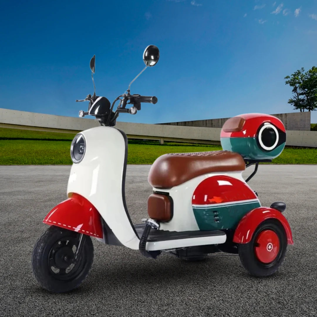ocean cartz lifestyle shot of a retro style three wheel electric scooter parked on asphalt with a blue sky background. The scooter features a white, red, and teal color design, a brown vintage seat, and a unique round rear storage box. This stylish urban mobility vehicle is ideal for outdoor personal transport and city cruising.