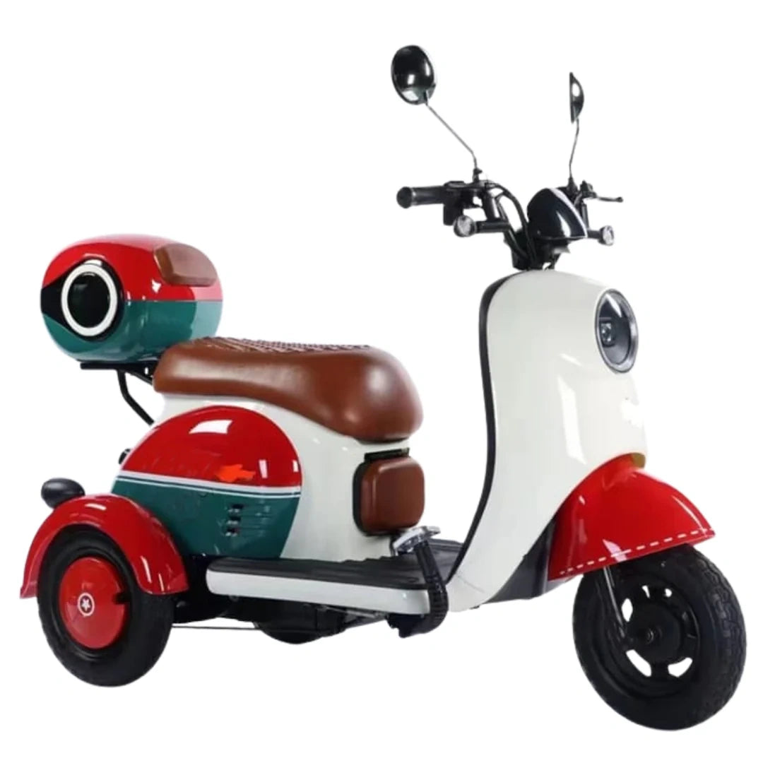 ocean cartz retro style electric scooter in a three wheel design with a distinctive white, red, and teal color scheme, featuring a brown padded seat, round headlight, and unique squid game themed rear storage box. This compact electric mobility scooter is perfect for adults seeking a stylish and fun city transport vehicle.