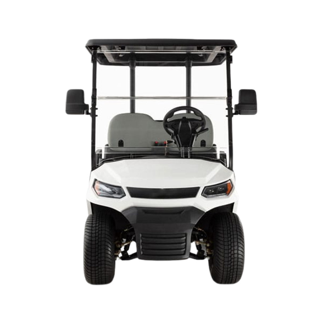 ocean cartz head-on studio shot of a white four-seater golf cart with a black roof and a modern front design, set against a pure white background. This electric vehicle features light gray seats, a clear windshield, large side mirrors, and distinctive headlights. The image highlights the contemporary styling and wide stance of the golf cart.
